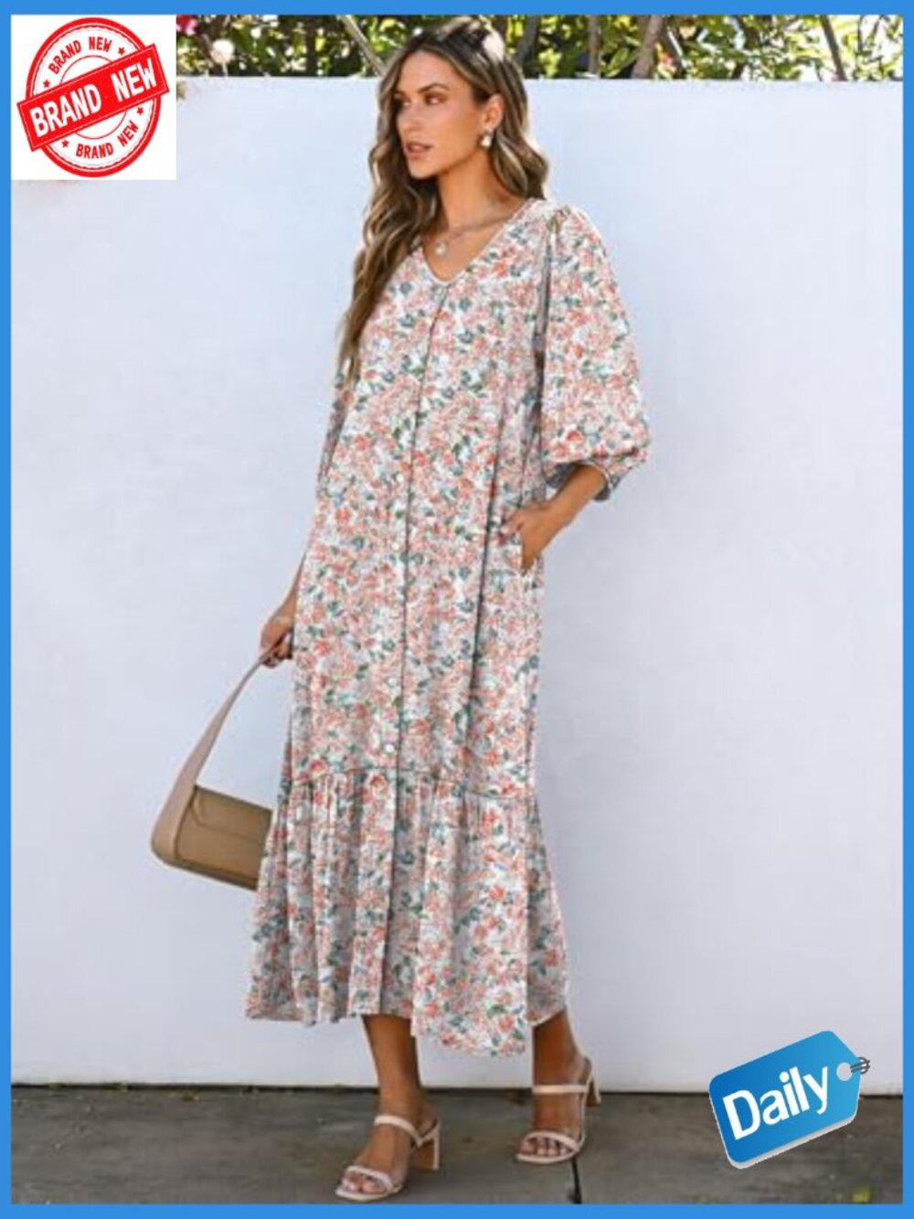 Boho Maxi Dress with Puff Sleeves Pockets Flowy Casual Loose Fit - Picture 3 of 7
